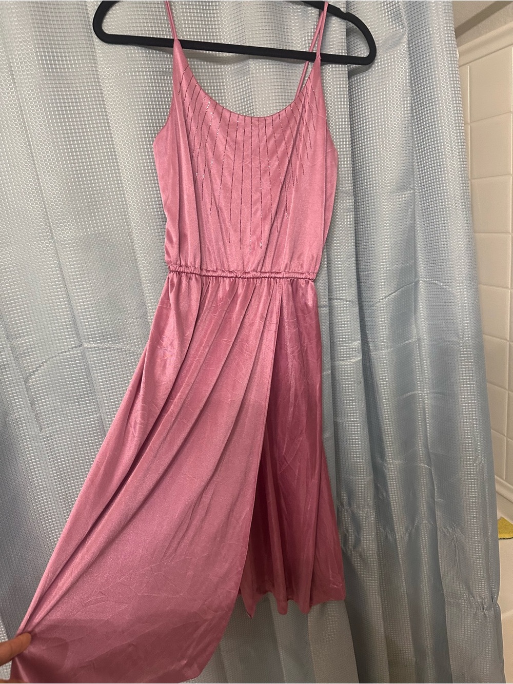 Pink Satin Spaghetti Strap Midi Dress